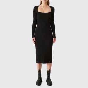 GANNI Melange-Knit Long-Sleeve NWOT Black Ribbed Midi Dress Size Small